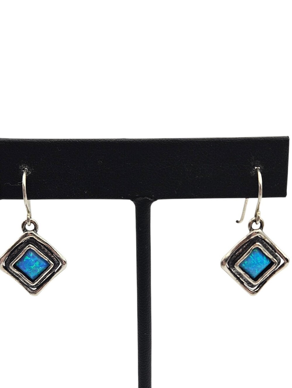 Shablool Didae Israel 925 Sterling Silver Blue Lab Opal Square Drop Earrings